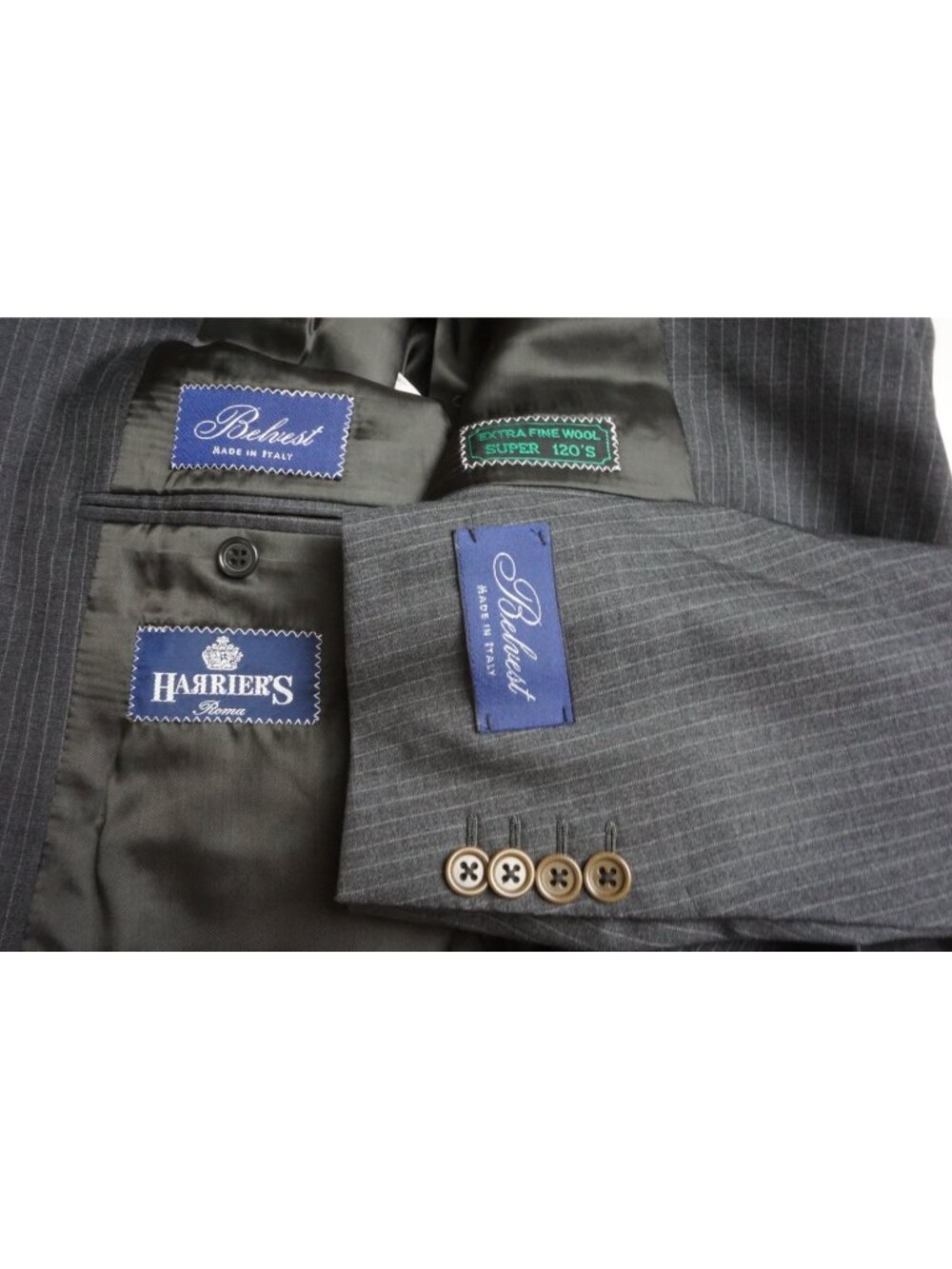Belvest Gray Pinstriped S120s Wool 2 Pc Suit Jacket Pants 44R Brand New